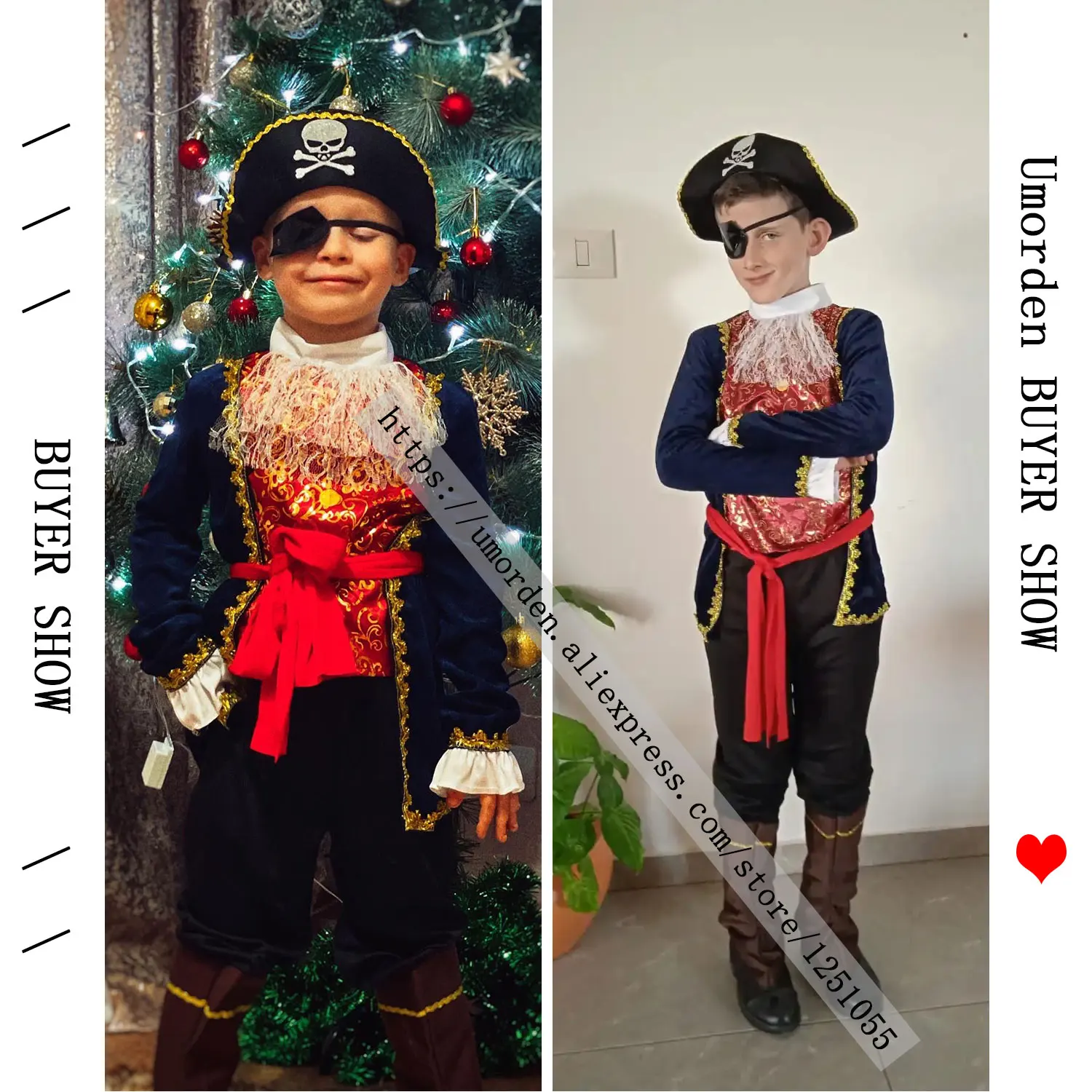 Umorden Boys Buccaneer Pirate Captain Hook Costume Cosplay Kids Child Halloween Purim Fancy Dress Outfit 4-6Y 6-8Y 8-10Y