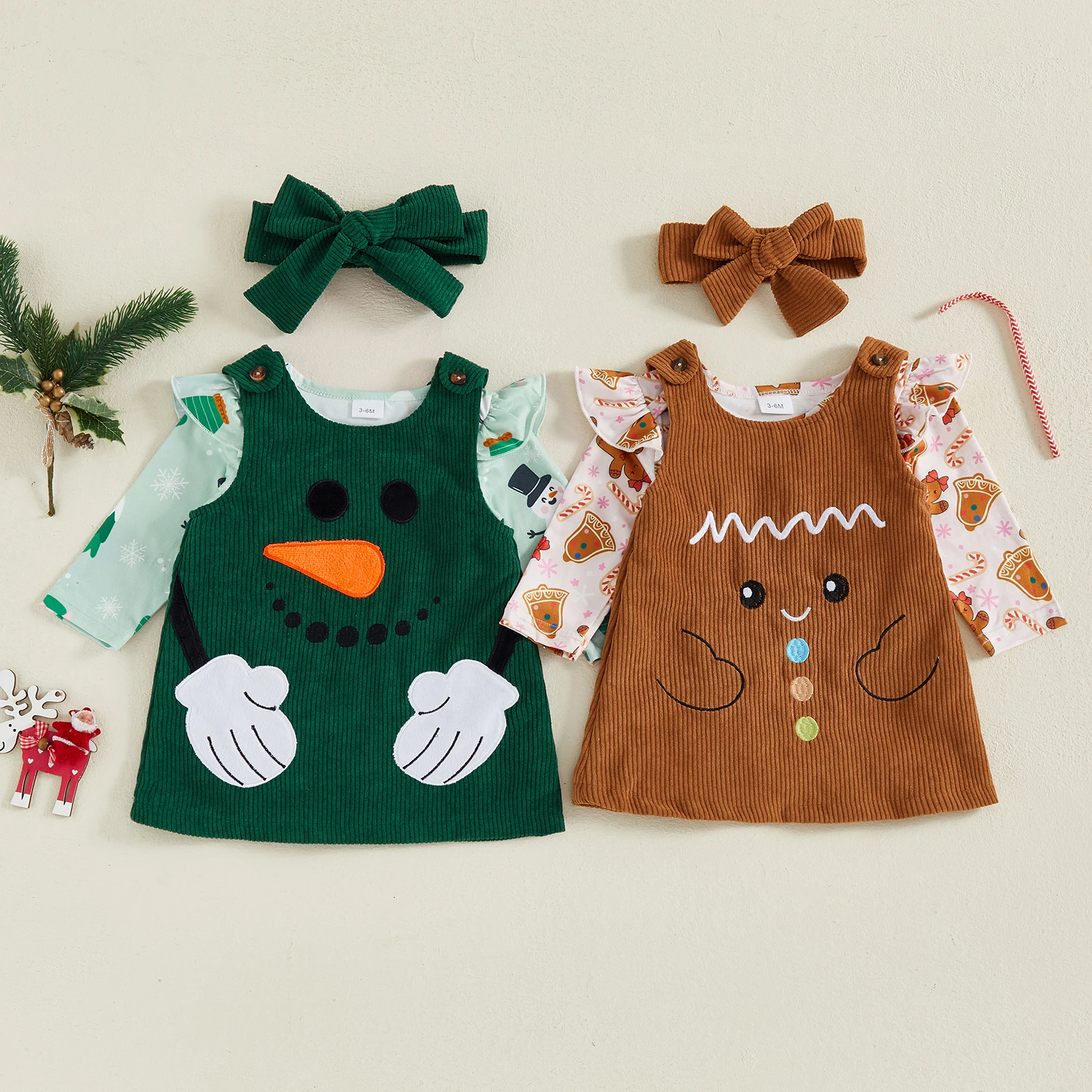 

Tregren 0-18M Infant Baby Girl Christmas Outfit Snowman/Gingerbread Long Sleeve Romper Overall Dress Headband 3 Piece Set