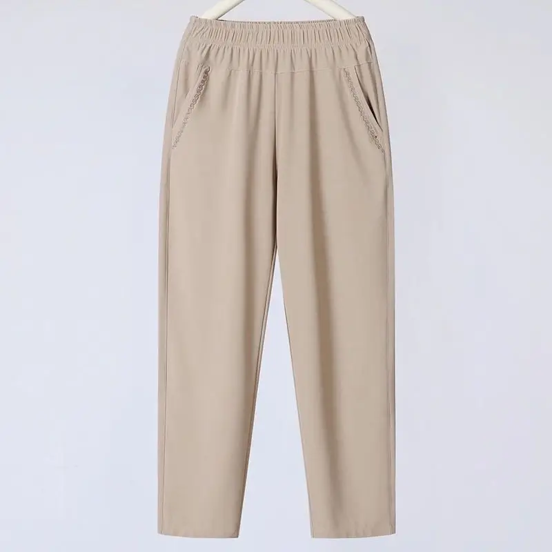 Middle Aged Female Pants Spring Summer Loose Mother Ice Silk Straight Pant Women Elastic High Waist Thin Trousers 5XL W2231