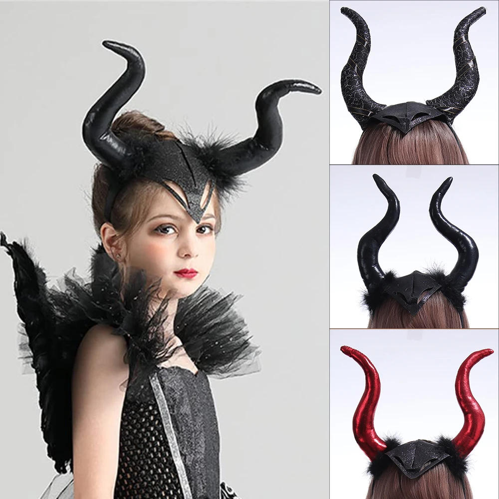 

Women Black Queen Demon Long Ox Horn Headwear Cosplay Girl Evil Witch Headpiece Halloween Carnival Party Costume Hair Hoop Props