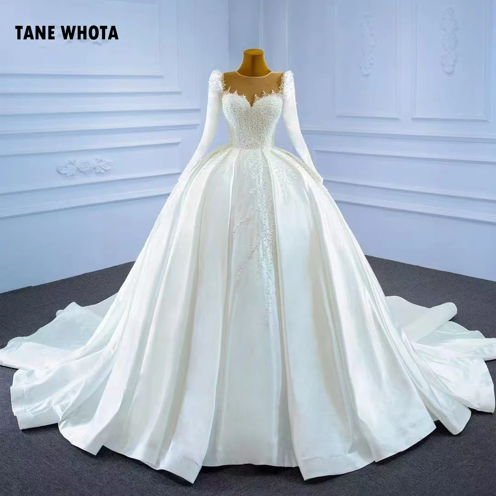 Robe Mariage O-Neck Long Sleeve Lace Up Back Beading Ball Gown Luxury Customized White Wedding Dresses