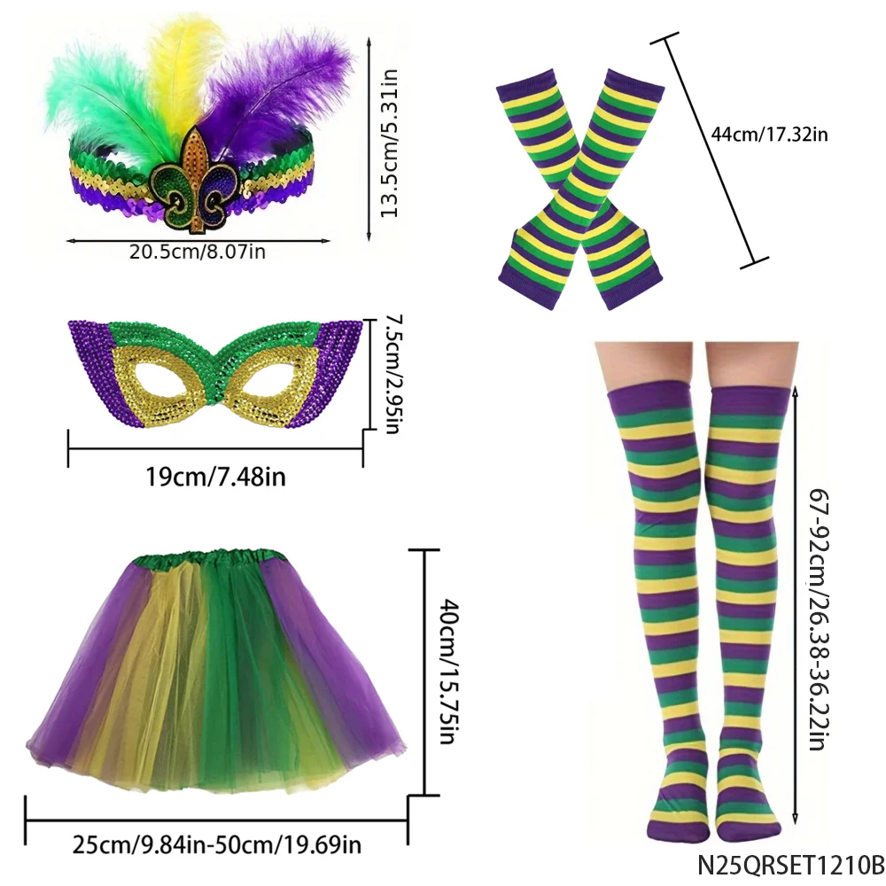 PESENAR Mardi Gras Conjunto de fantasia de penas, máscara de cabeça, saia tutu, meias listradas, acessório de festa
