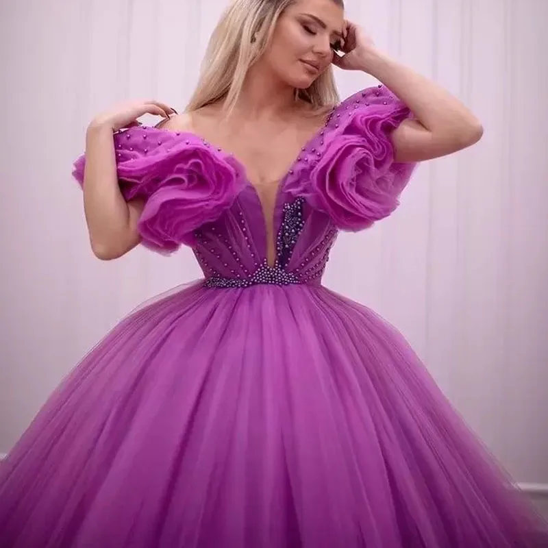 2023 Fashion Off The Shoulder Evening Dresses Beaded Pearls Layered Ruffles Tulle Prom Party Formal Gowns فستان حفلة موسيقية