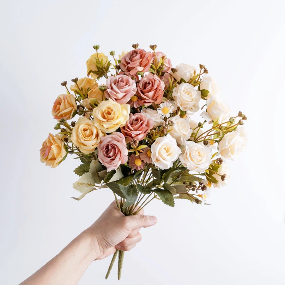 

6Pcs Artificial Silk Rose Flower Bouquet Vintage Fake Rose for Wedding Floral Arrangements Home Party Centerpiece Decoration