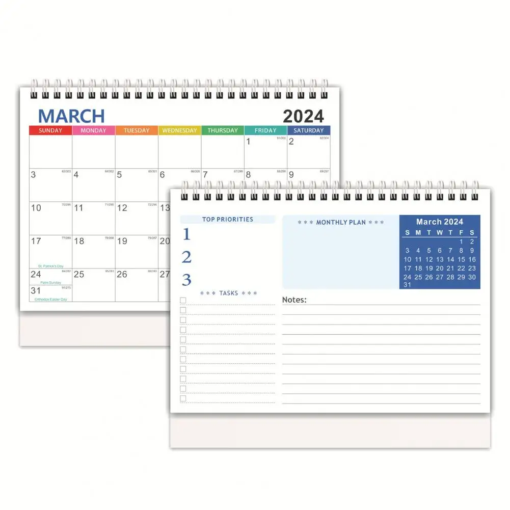 Inglês Desk Calendar, Bobina Espiral, Turning Data Recording, 12 Plano Mensal Livro, Página Turning, 2024