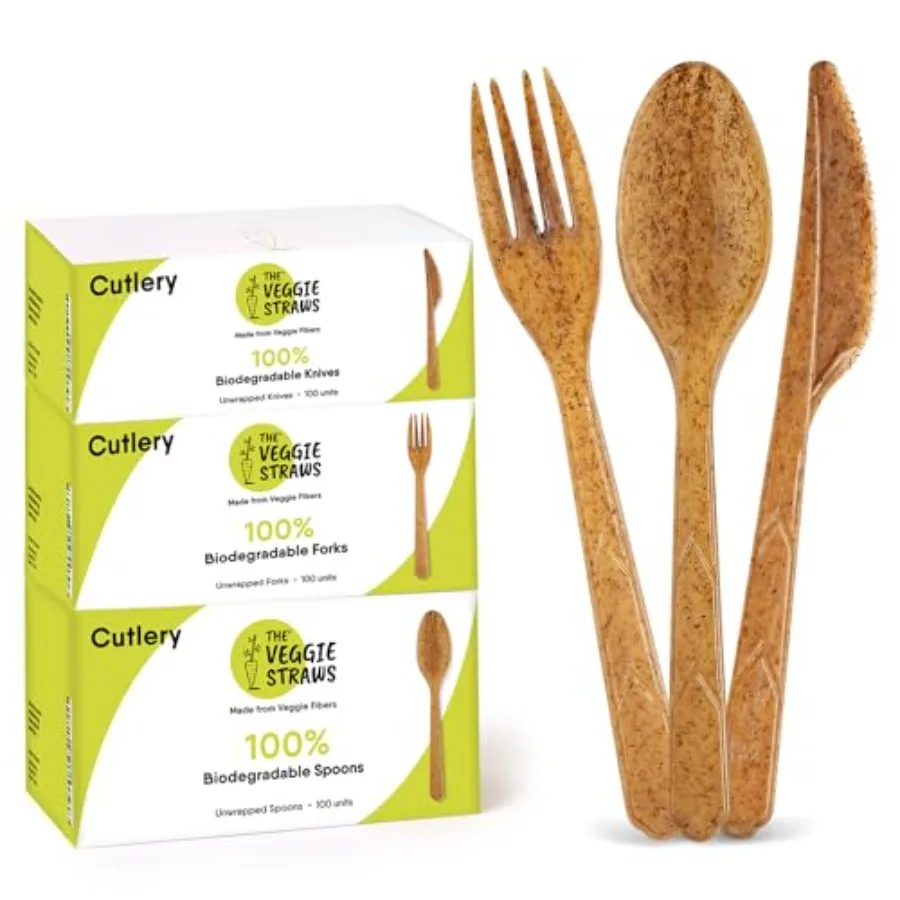 

100 Biodegradable Cutlery Made of Vegetable Fibers, of 6.7 Long Heavy-Duty and Splinter Free Eco-Friendly, Forks Knives, Perfec