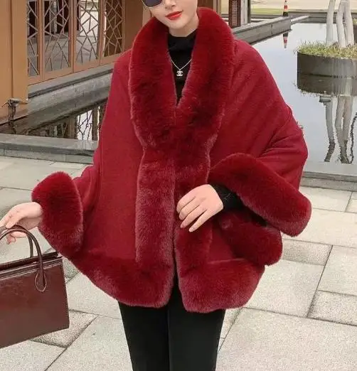 

plus Size Women's Knitted Cardigan with Imitation Otter Rabbit Fur Collar Shawl Cape Loose Jacket for Autumn And Winter