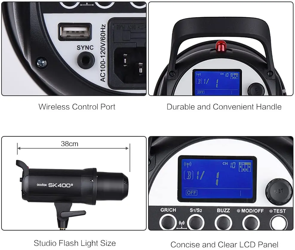 Imagem -04 - Godox Sk400ii Studio Strobe Flash Monolight Light Bowens Mount para Estúdio de Tiro Wireless x System 400ws Gn65 5600k 2.4g