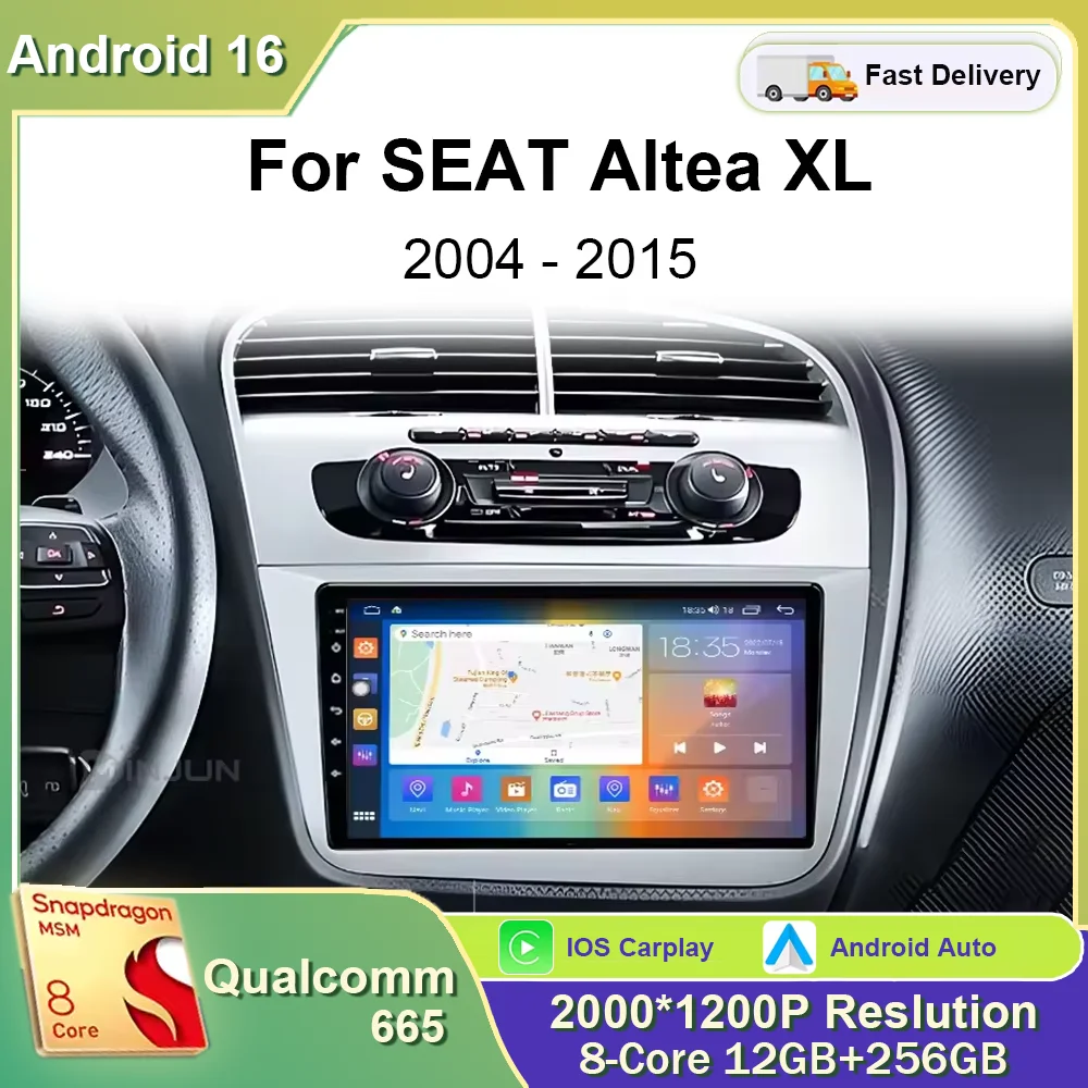 Radio para coche Android 16 para Seat Altea XL Toledo 2004 - 2015 Reproductor multimedia GPS Navegación Carplay Pantalla táctil QLED Autoestéreo