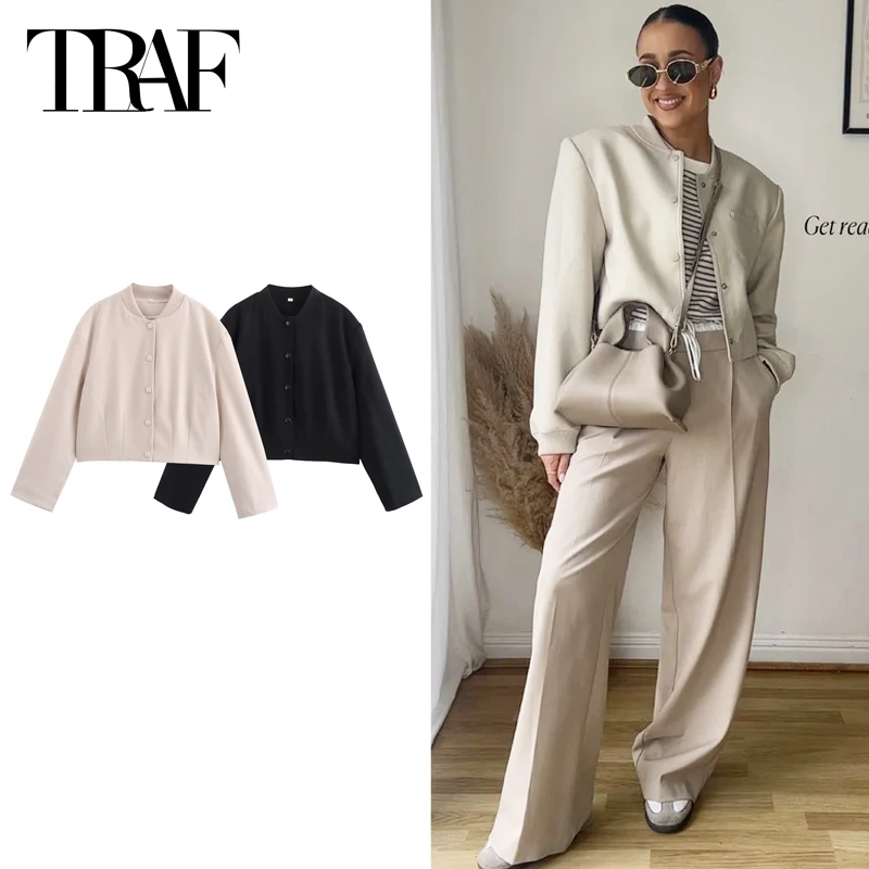 TRAF Bomber Soft Jackets Women Jacket Spring Summer 2024 Crop O-Neck Long Sleeve Top New In Coat Elegant Fashion Baseball Jacket