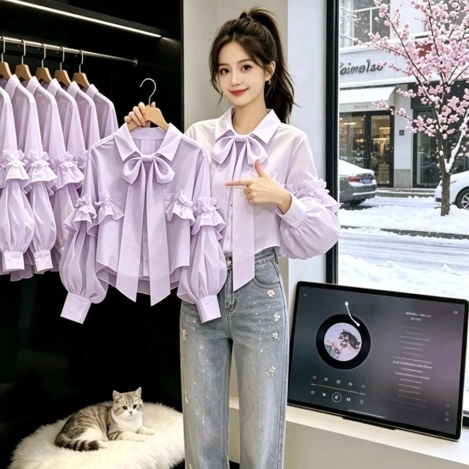Early Autumn New Style Women's Long Sleeve Shirt Green  Knot Lace Trim Unique Beautiful High-End Feeling  Collar