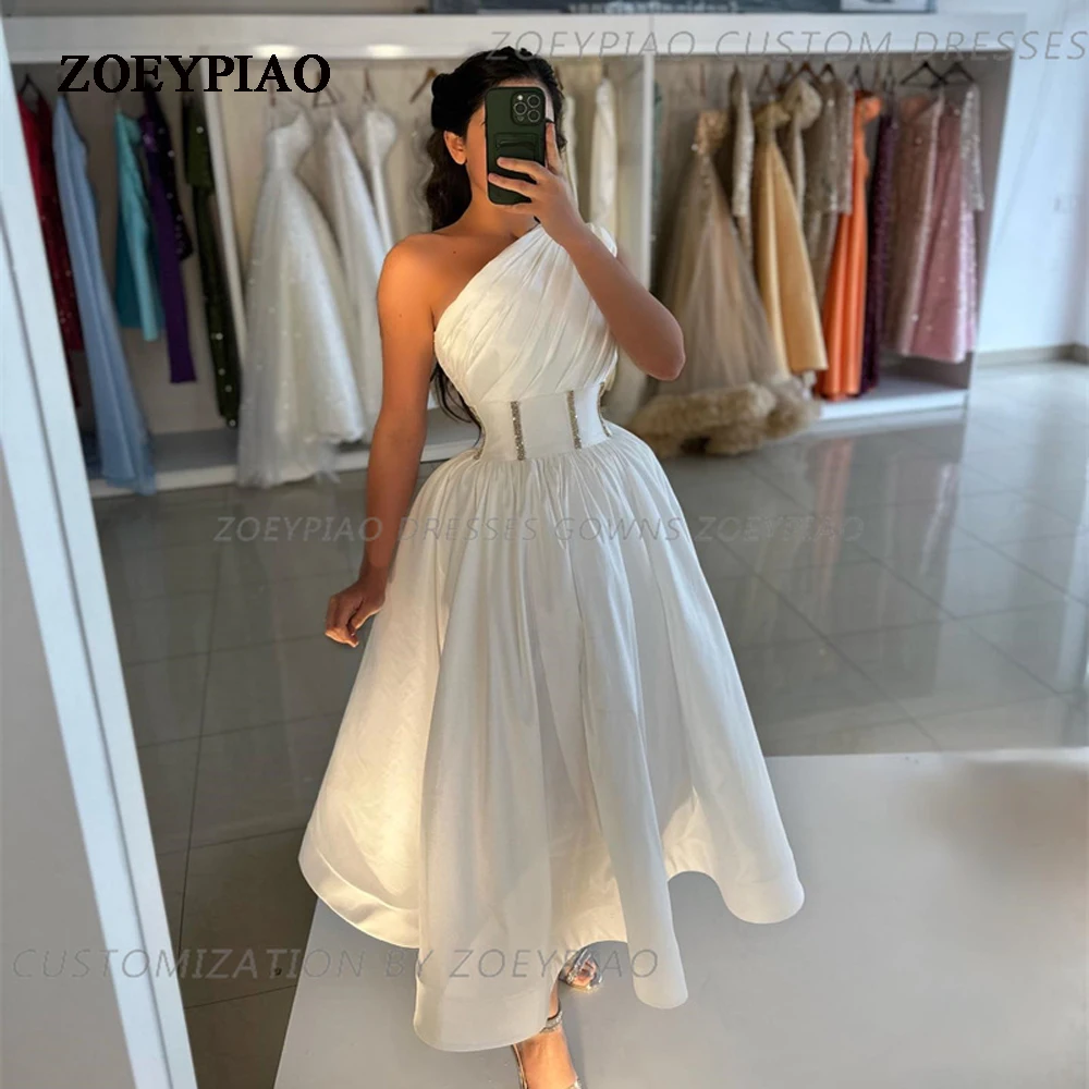 

Simple A Line Shiny Beads Satin Wedding Dress Elegant One Shoulder Ankle Length Formal Bridal Gown Vestidos Custom Made