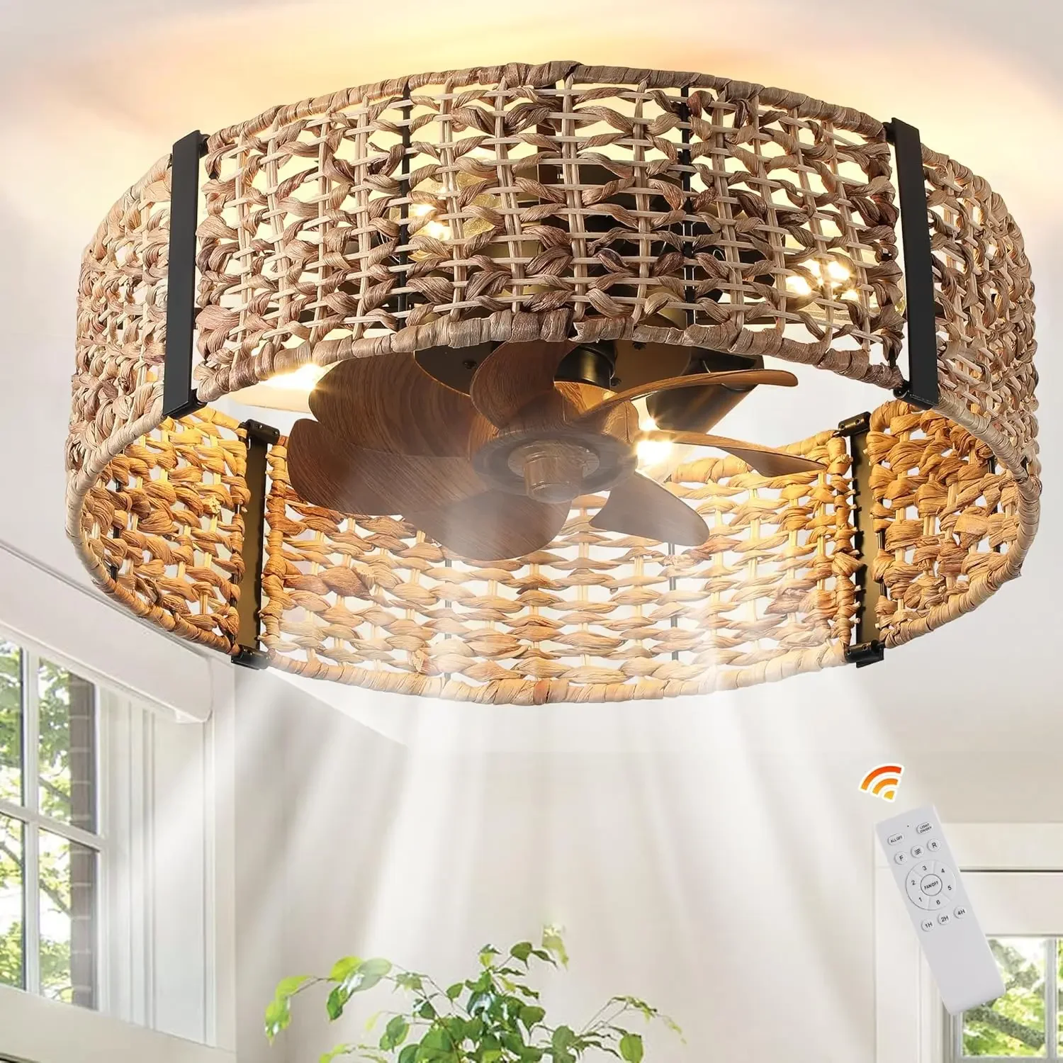 

20" Boho Fandelier Ceiling Fan with Light, Rattan Caged Ceiling Fan with Light and Remote Control, Quiet Reversible Motor Enclos