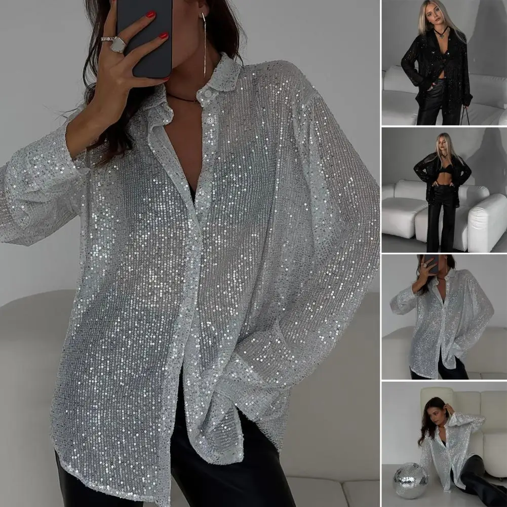 Shiny Sequin Turndown Collar Women\'s Shirt Casual Glitter Loose Long Sleeve 2024 Spring Silver Summer Vintage Shirt Tops