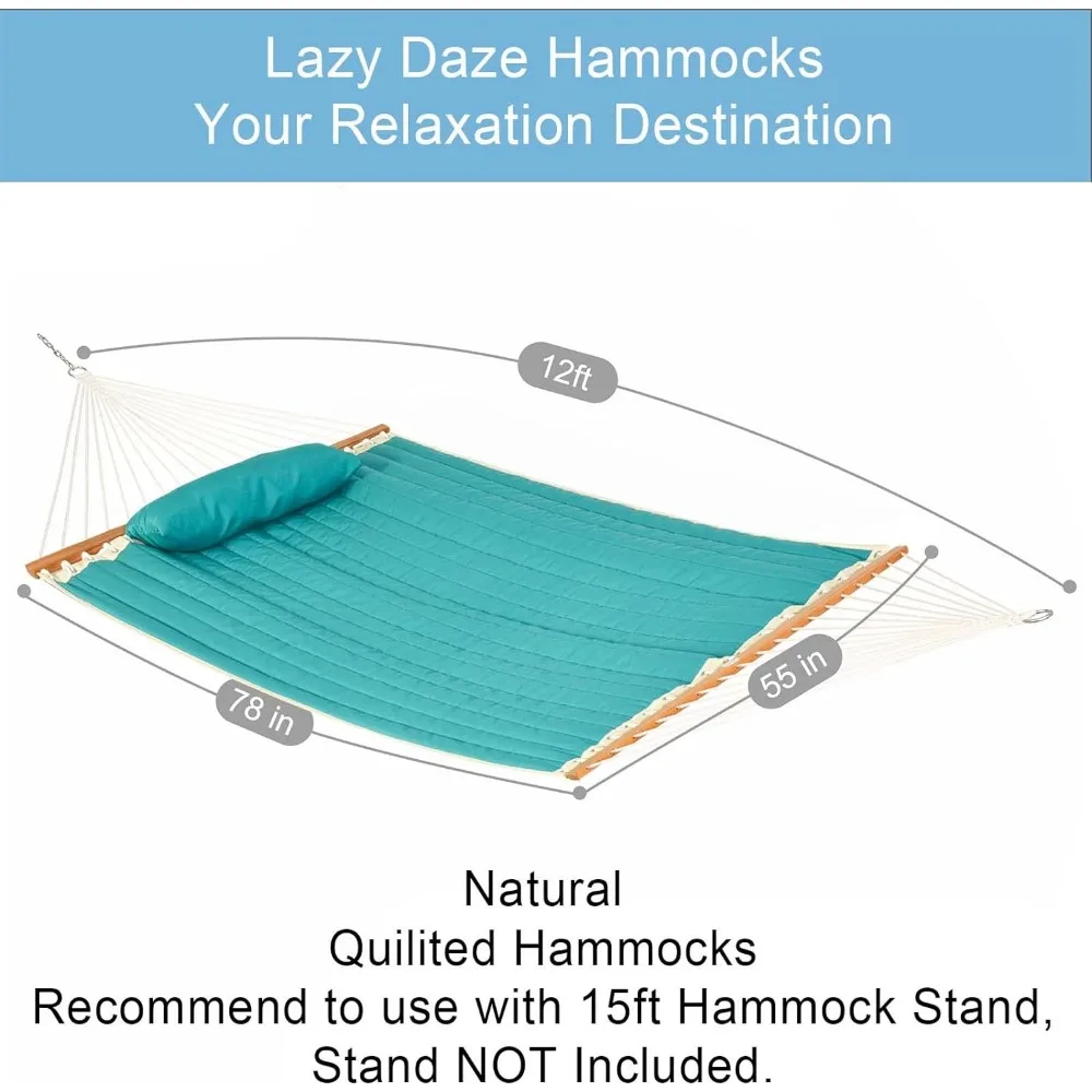 Lazy Daze Hammocks Quilted Fabric Hammock with Spreader Bar, 2 Person Double Hammock with Pillow and Chains, Hammock for Outdoor