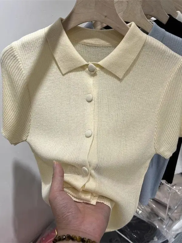 

Collar Short Sleeve Knitted Open Cardigan Women's Summer Casual Fashion Slimming Versatile Breathable Comfortable Top