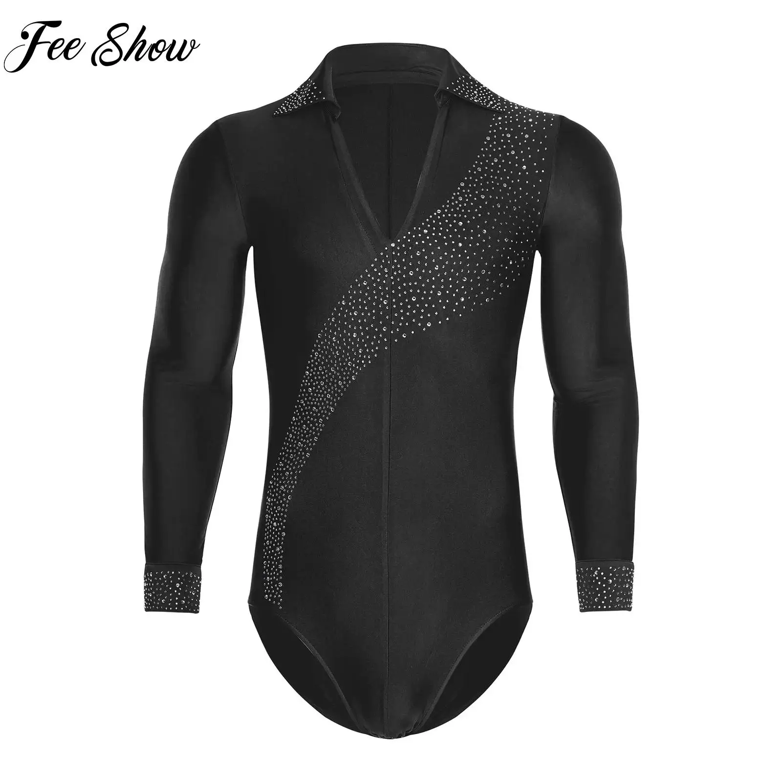 New Mens Rhinestones Ballet Latin Dance Costume Long Sleeve Bodysuit Jumpsuit Modern Dancewear for Performance Competition Party
