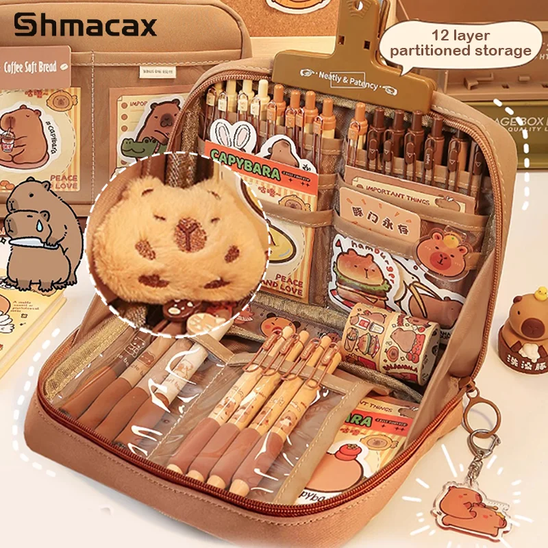 Large Capacity Kawaii Capybara Multi Layered Stationery Bag Cartoon Cute Pencil Case Simple Cosmetic Bag School Office Supplies