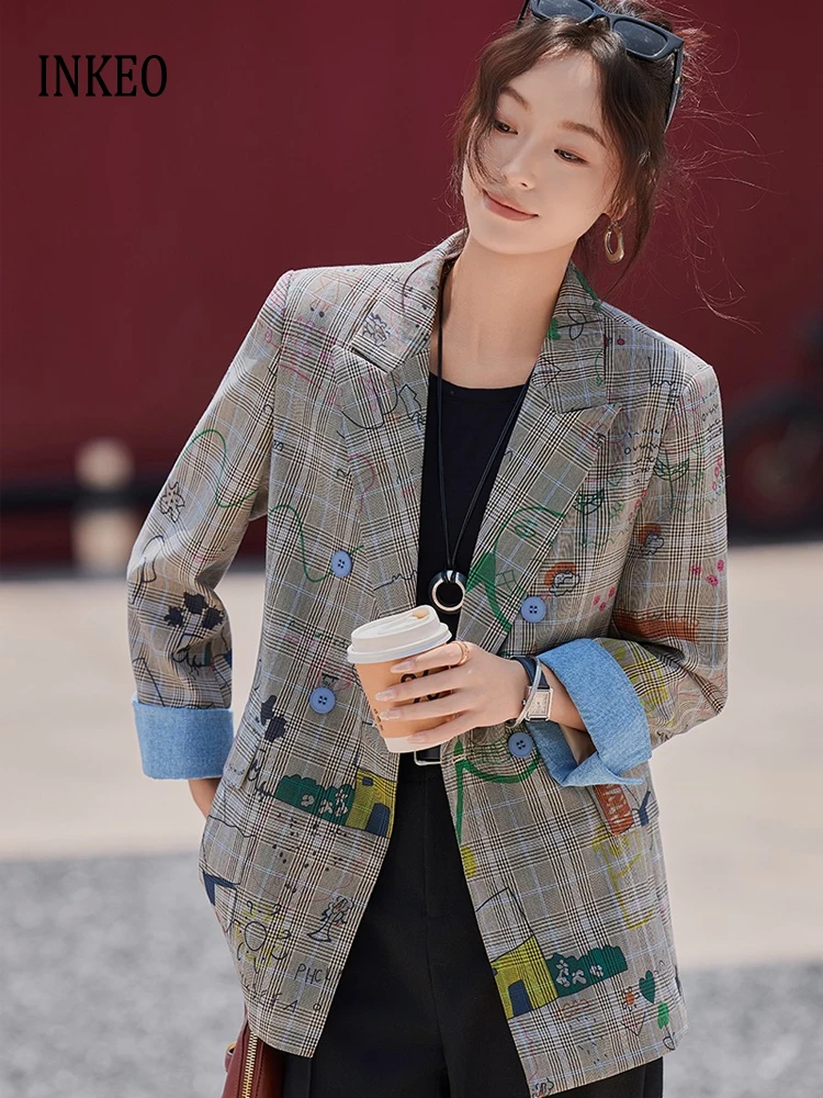 Design Artist print Blazer for women Large size 2025 Autumn High quality Patchwork jacket Loose Ladies coat INKEO 5O071