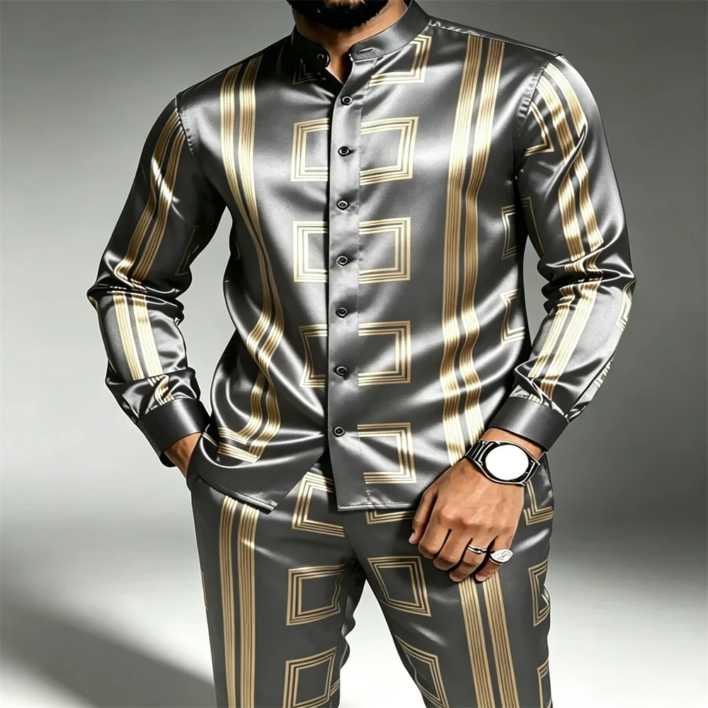 Men's gorgeous satin set, including two items: a stand up collar printed shirt and matching suit pants, suitable for daily weddi