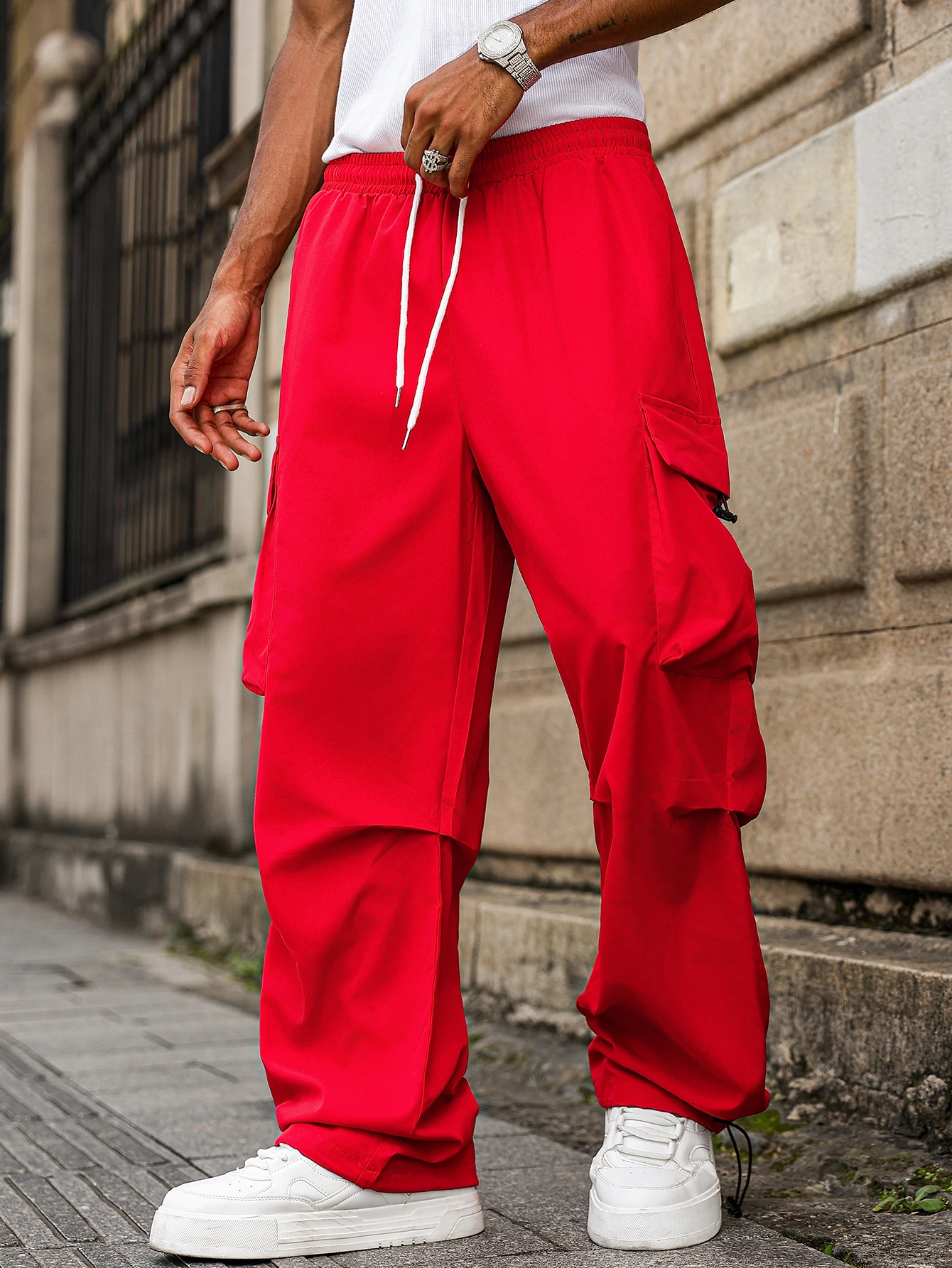 

Men's Multi-functional Solid Color Straight Work Pants, Loose Fit, Versatile, Pleated with Multiple Pockets, Street Hip-Hop Danc