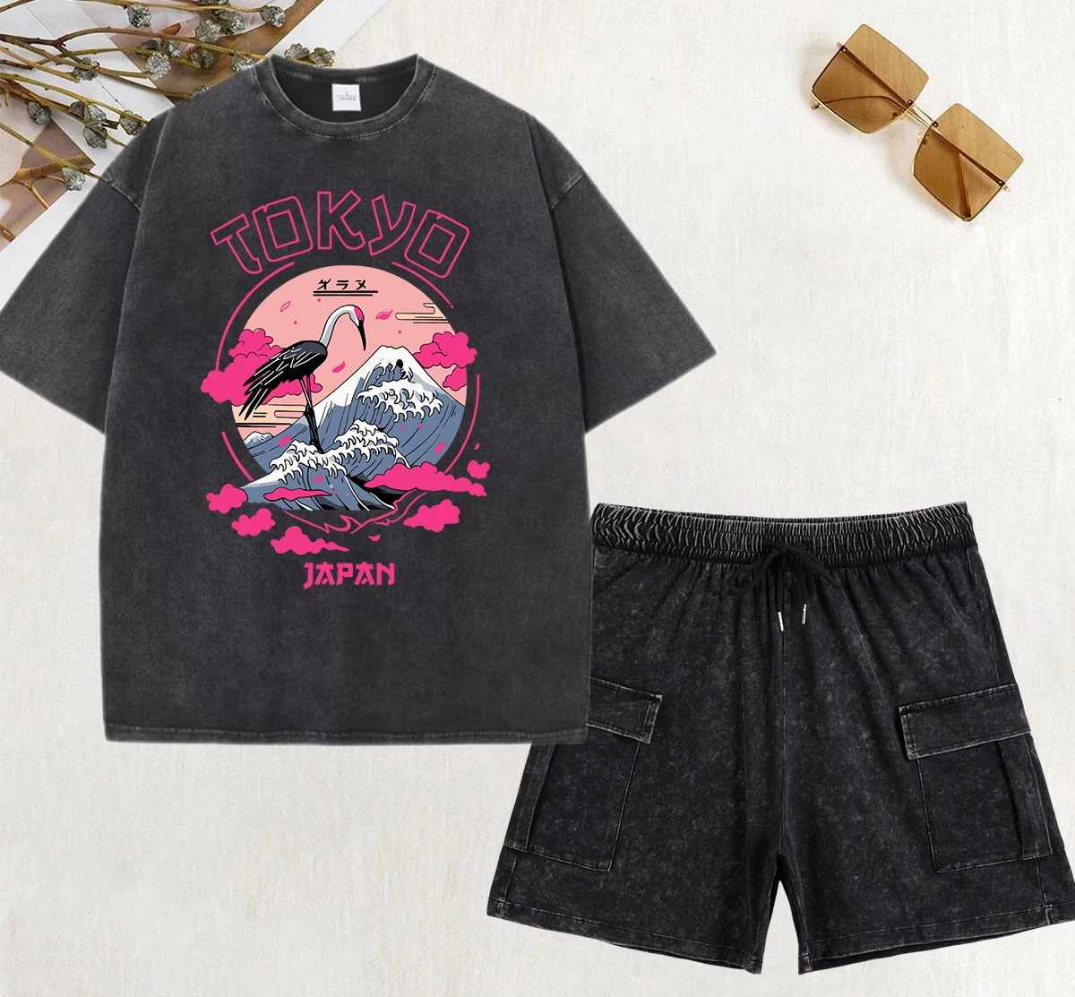 

Tokyo Japan Crane Waves Printed Women Washed Pants Cotton Street Shorts Set Soft Fashion T Shirts Summer Oversized T-Shirt