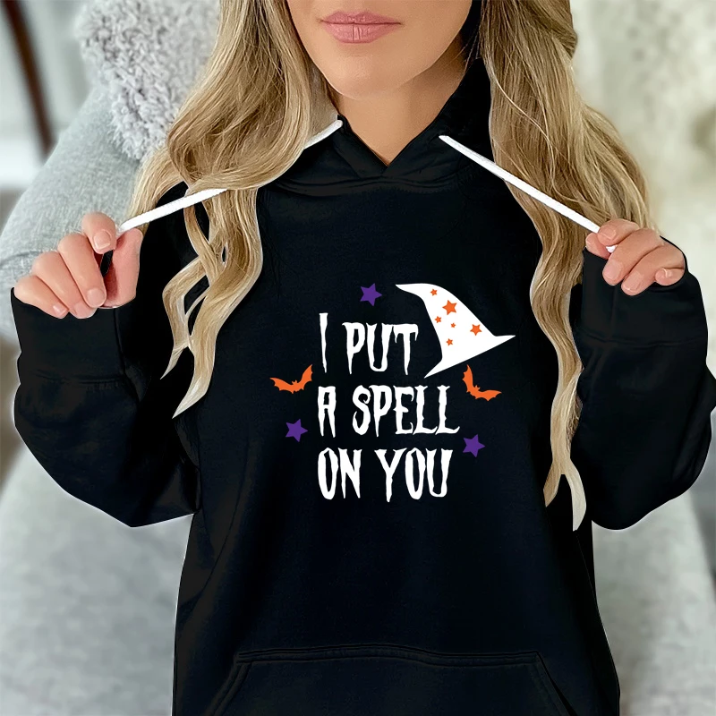 Halloween Witch Gift Sweatshirt Hoodie I Put A Spell on You Graphic Sweatshirts Women Halloween Witchy Classic Pullover Hoodie