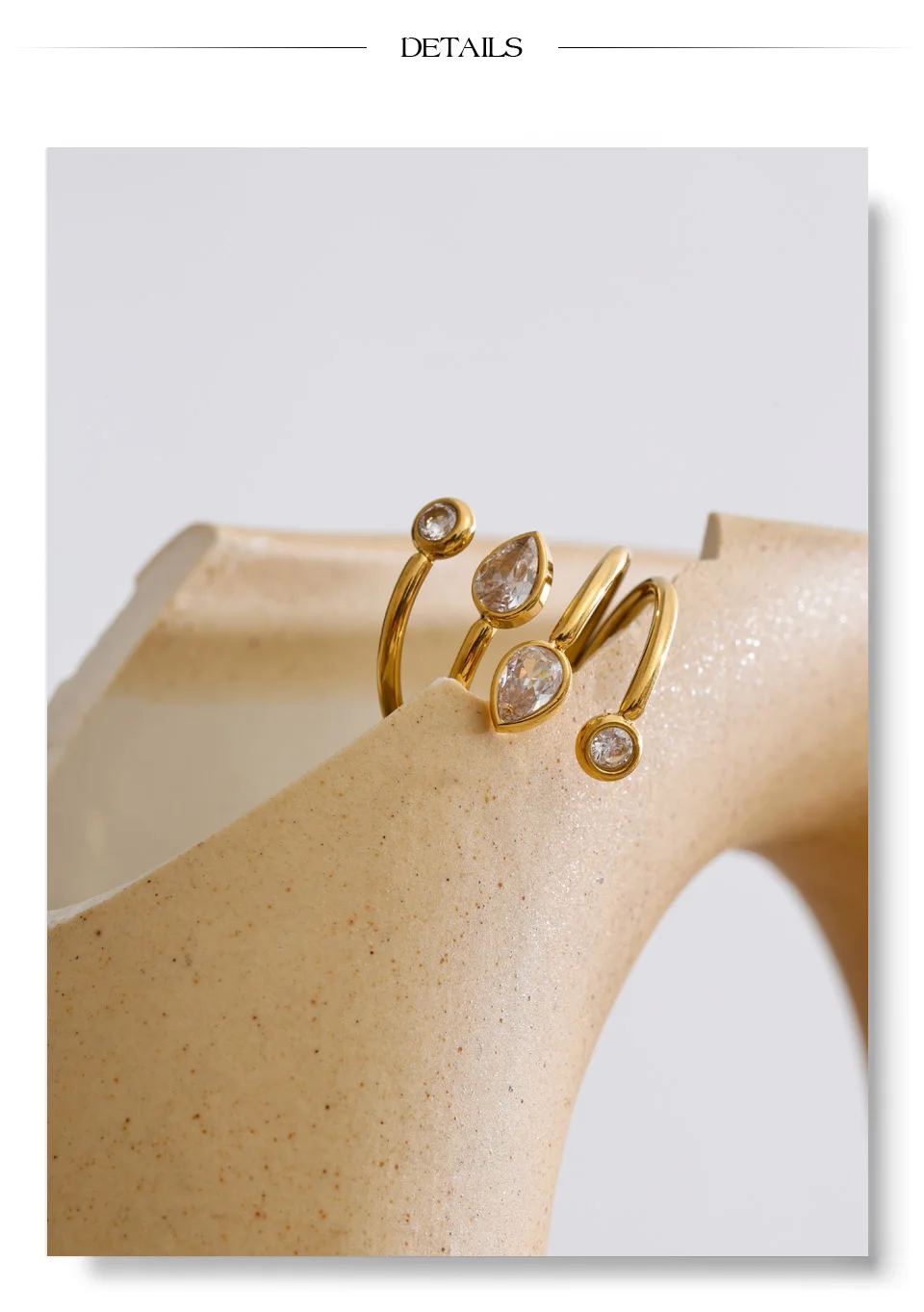 Yhpup Edelstahl-Zirkonia-Tropfenring, rund, geschichtet, verstellbar, Neuheiten, Kreativität, Modeschmuck, Geschenk – Detail 9