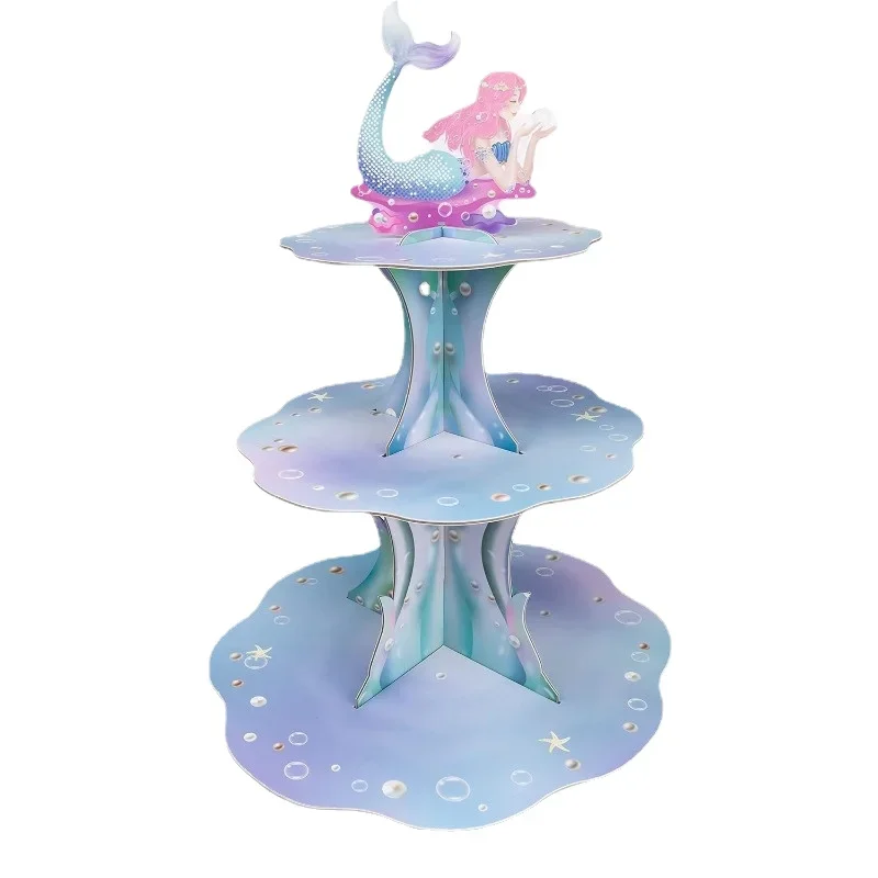 3-layer Pink Blue Mermaid Cupcake Stand for Under The Sea Party Table Decorations Ocean Beach Pool Side Birthday Party Supplies