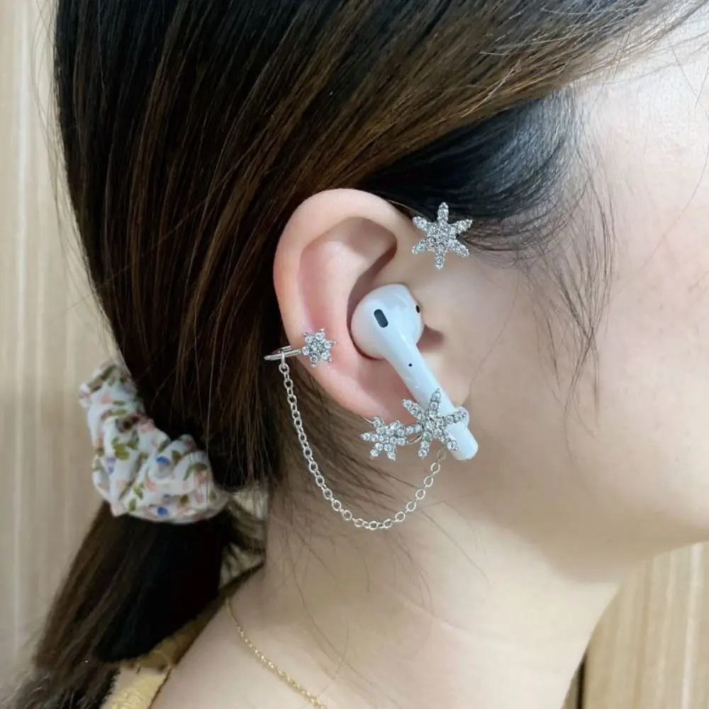 1 pair Snowflake Rhinestone Butterfly Earhook Protection Chain Ear Hanging Anti-lost Earphone Chain Ear Decoration Alloy