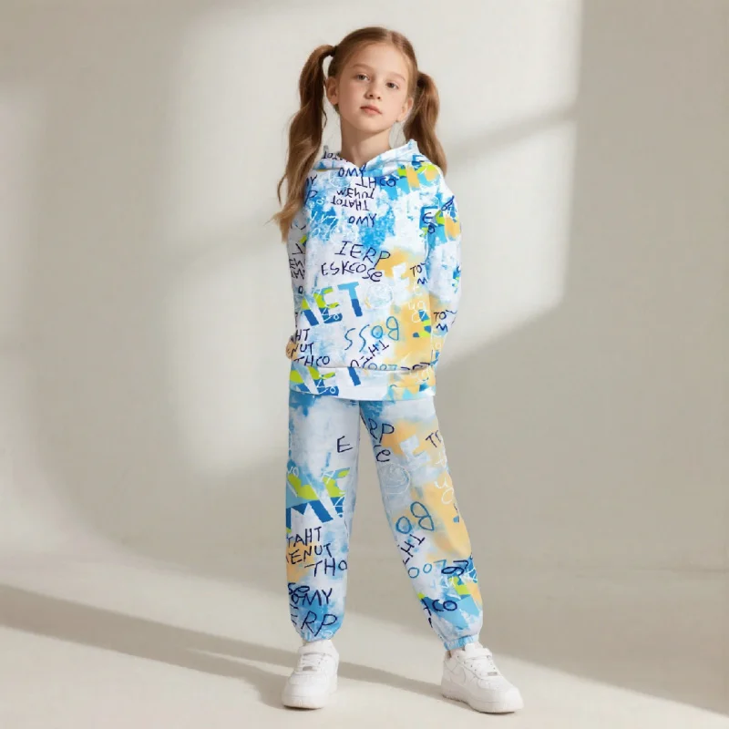 

2026 Spring & Autumn New Graffiti Tie-Dye Hooded Sweatshirt Set: Fashionable Children's Sportswear Two-Piece