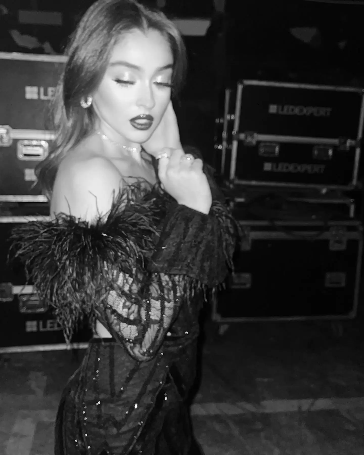 VC Sparkling Black Sequins Off-Shoulder Mini Dress with Feather & Sheer Mesh & Cut Out Details for Cocktail Party