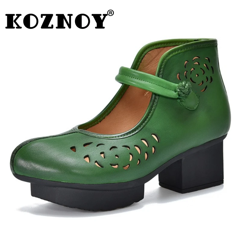 

Koznoy 4.5cm Ethnic Cow Genuine Leather Ankle Booties Chunky Heels Sandals Summer Comfy Women Hollow Leisure Slip on Shoes