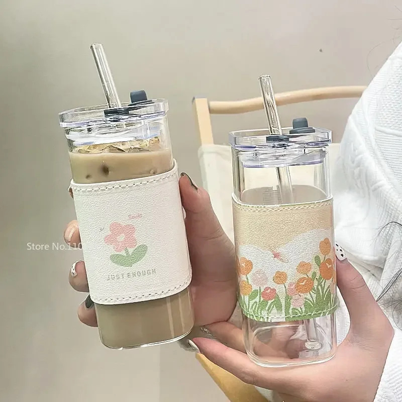 Square Heat Resistant Coffee Glass Cup With Lid and Straw Transparent Milk Tea Juice Cups Coffee Mug For Home Bar Drinkwares