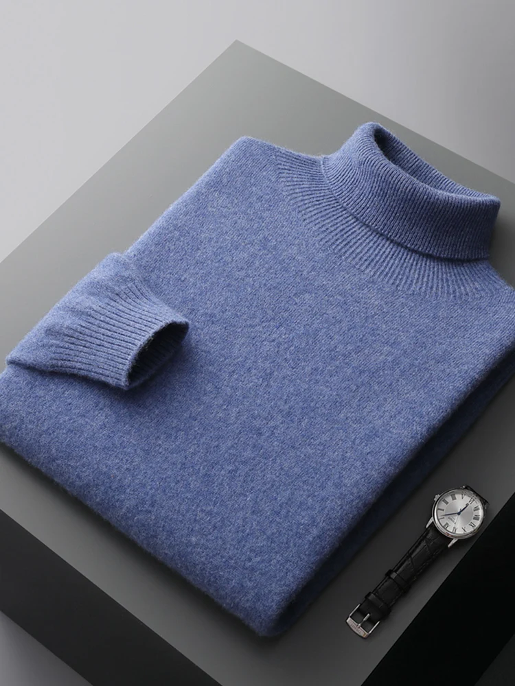 Autumn Man Turtleneck Solid Color Long Sleeve Warm Pullover 100% Merino Wool Knitwear Sweater High End Commerce Thickening Tops