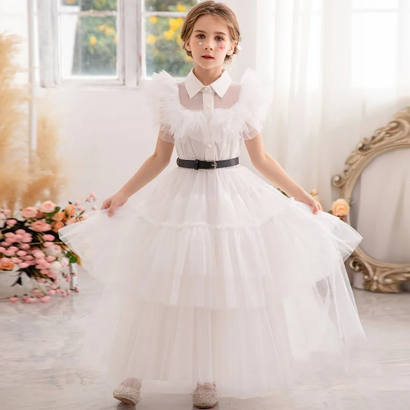 New 2024 Long White Sweet Dress Princess Girls Vintage Layers Kids Vestido 2 3 4 5 6 8 10 12 Years Old Kids Clothes 2-12 Years