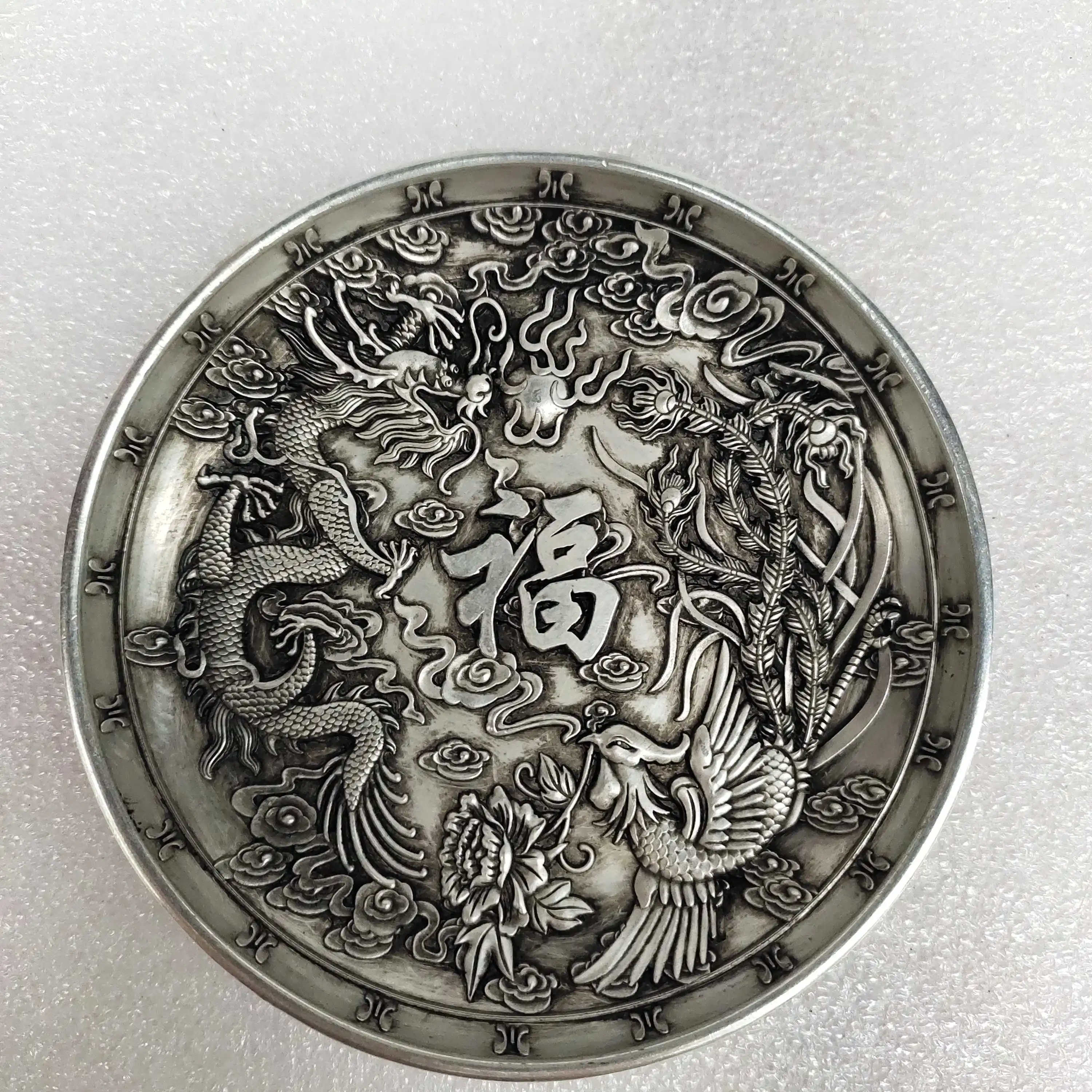 Old silver-plated dragon flying phoenix dance plate dragon and phoenix blessing word plate home craft