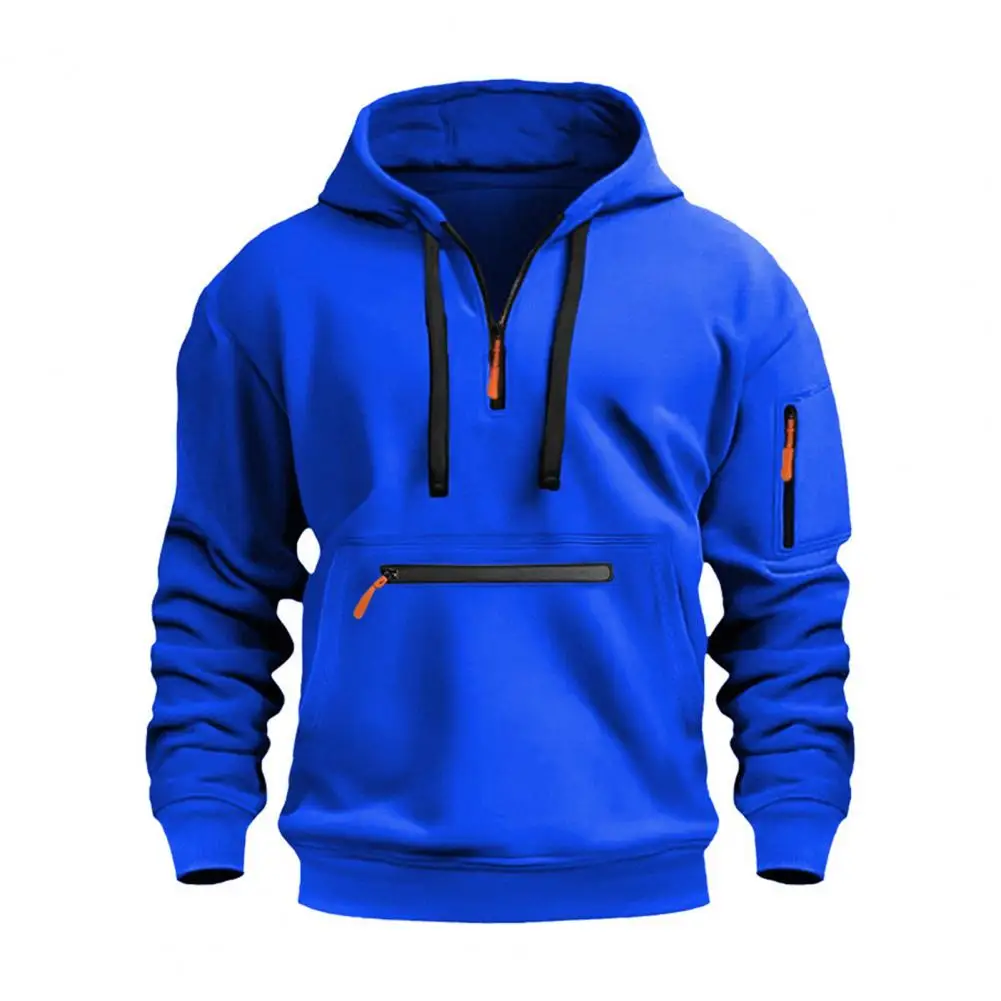 Men Hoodie Men's Hop Style Hoodie with Zipper Decor Drawstring Warm Pullover for Fall Winter Mid Length Solid Color for Sport