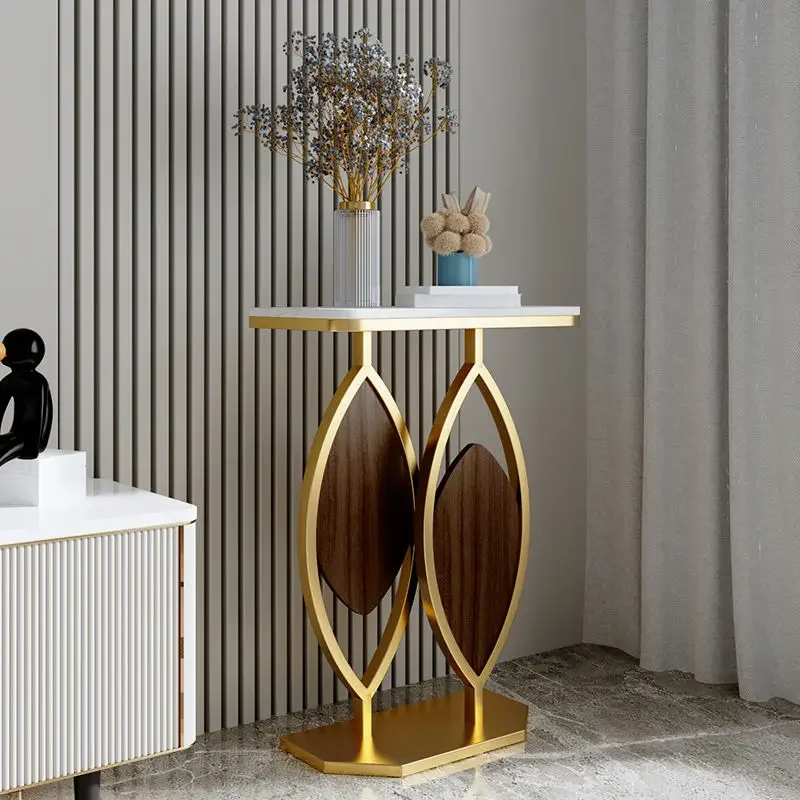 Modern Gold Console Table with Geometric Metal Base, Sintered Stone Narrow Entryway Table Foyer Table for Entrance, Living Room