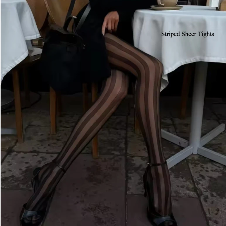 

Elegant Black Striped Pantyhose Celebrity Bodystockings Erotic Sheer Tights Transparent Hosiery for Women Lingerie Normal Dating