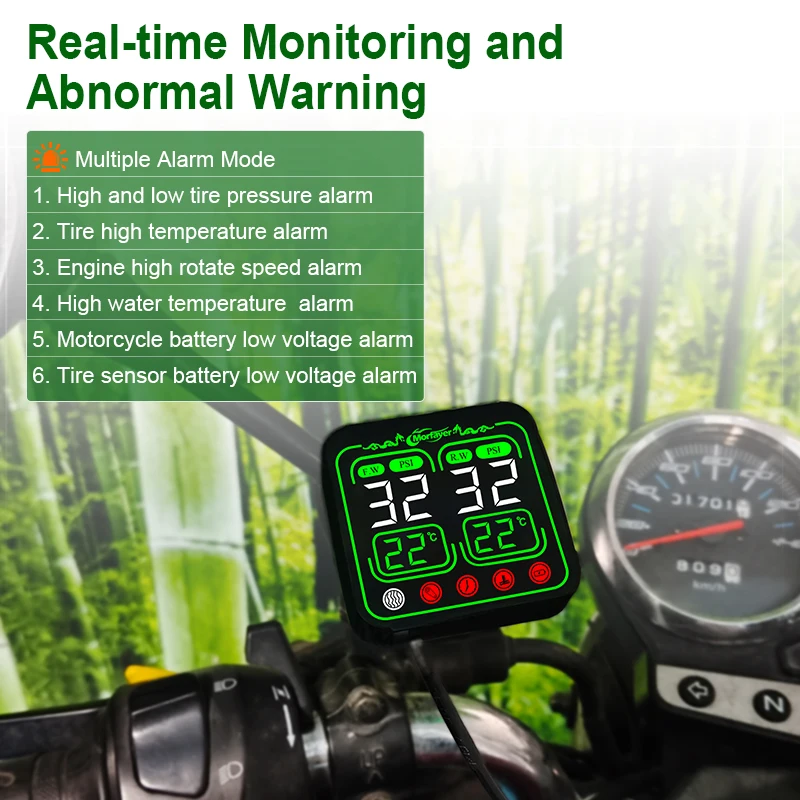 NEW Model Waterproof 8-In-1 Motorcycle Led TPMS Display Tire High Temperature Alarm Tire Pressure Alarm With 2 External Sensors
