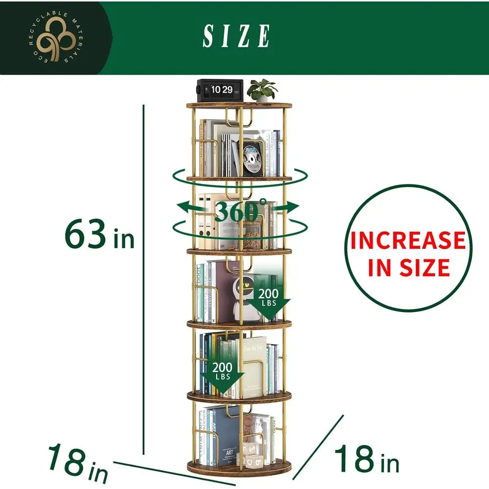 5Tier Rotating Bookshelf, 360 ° Display Stackable Spinning Bookshelf Tower,Round Space Saving Tall Floor Standing Swivel Bookcas