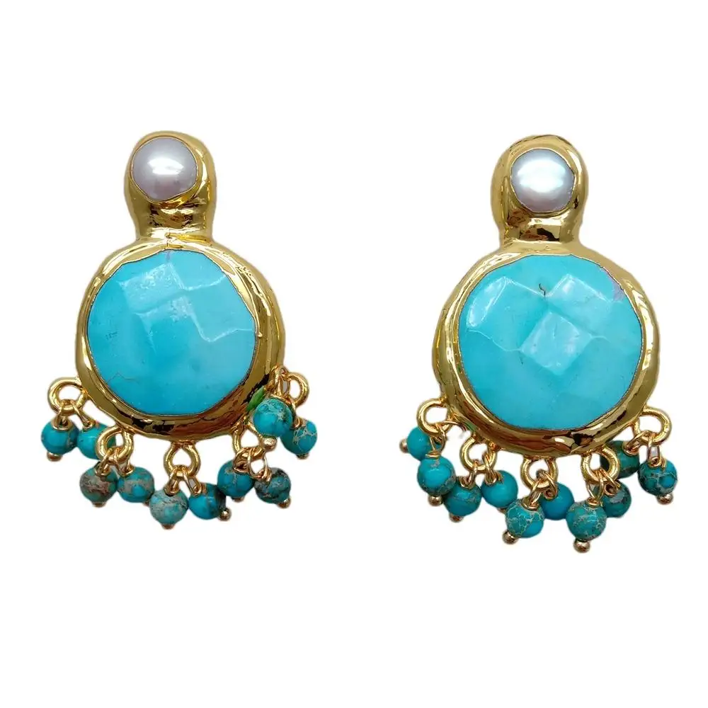 

YYGEM Gold Plated 22mm Blue turquoise Pearl Dangle Stud Woman Stud Earrings Jewelry Gifts