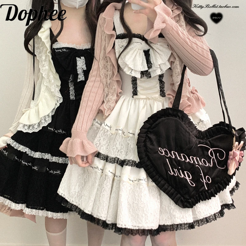 

Dophee Original Japan Style Cute Bow Lolita Dress Women Letter Ribbon Lace Splicing Princess Dress Elegant Strap Short Dress