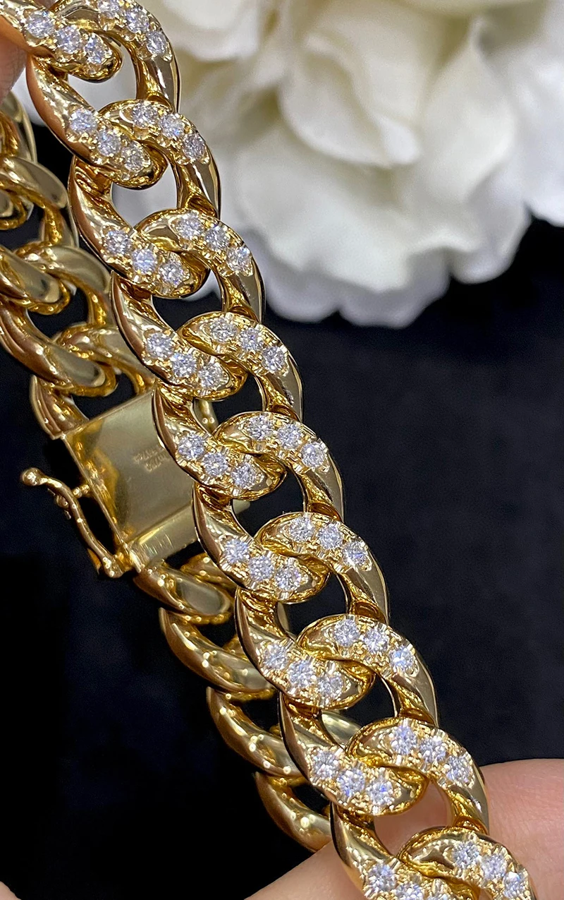 LUOWEND 100% 18K Yellow Gold Bracelet Cuban Chain 12mm Luxury Metal Style Real Natural Diamond Bracelet for Women Senior Banquet