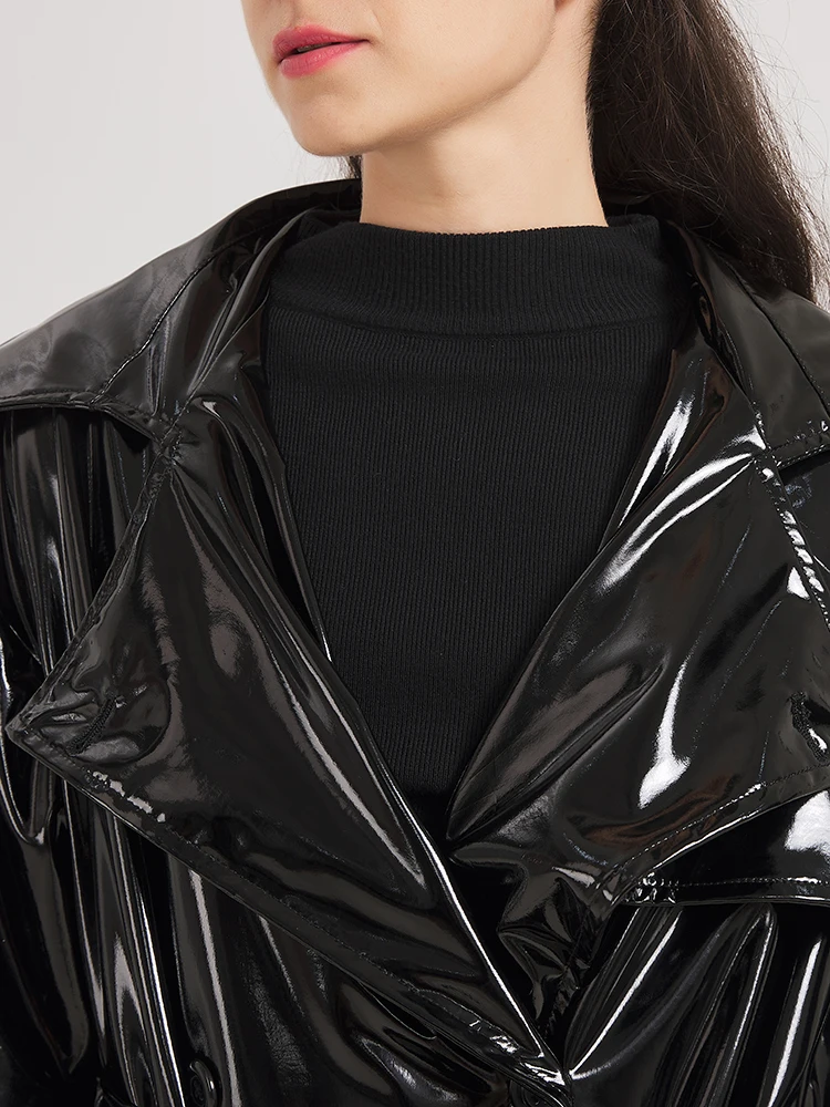 Lautaro Spring Autumn Extra Long Black Shiny Reflective Soft Stretchy Patent Leather Trench Coat for Women Maxi Overcoat 2024