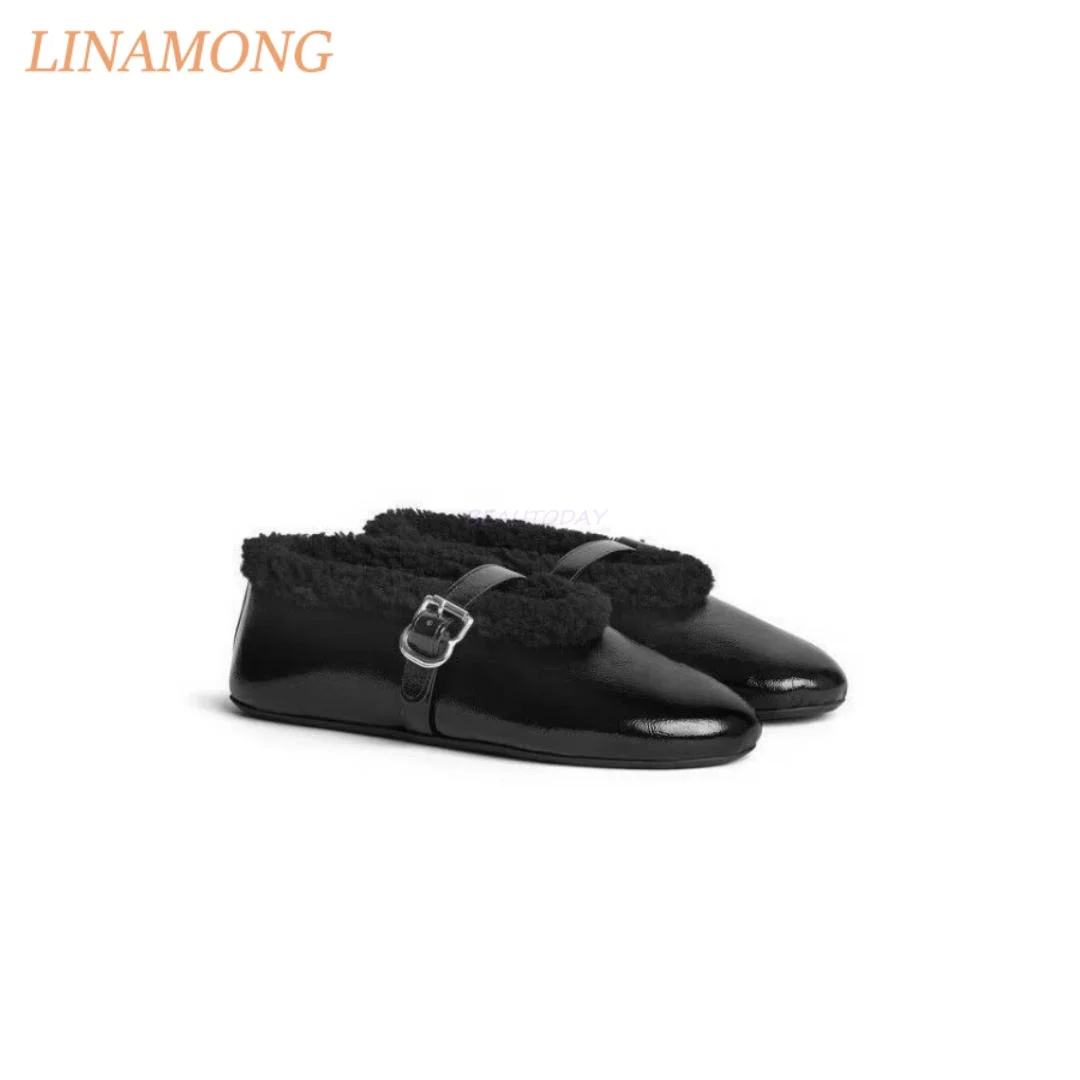 Women Fleece Lined Flats Square Toe Buckle Strap Warm Plush Collar Slip On Solid Color Retro Casual Winter Fashion Flat Shoes
