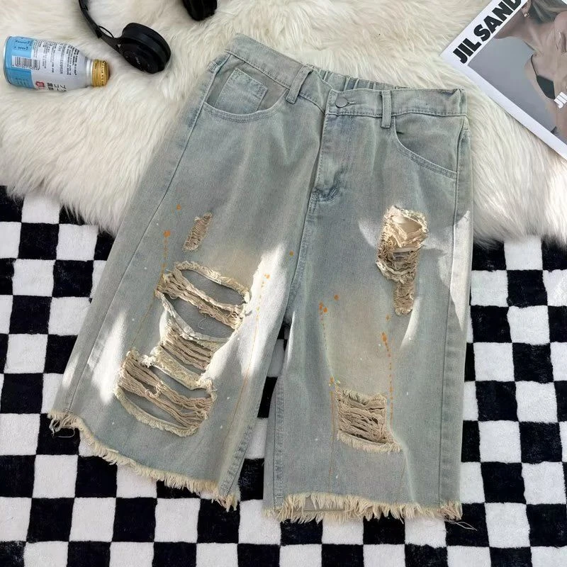 Women's Burr Hole Paint High Waisted Unisex Denim Shorts Vintage Knee Length Trousers Summer Female Fashion Cropped Pants