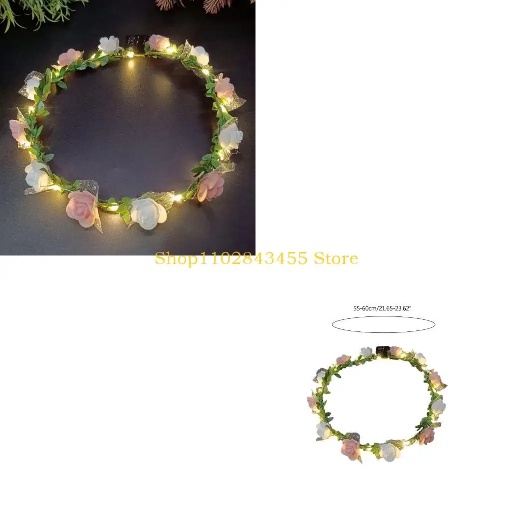 49MC Luminous Wedding Flower Crown Birthday Favor Hair Hoop with Adjustable Ribbon for Bride Wedding Party Taking Photo