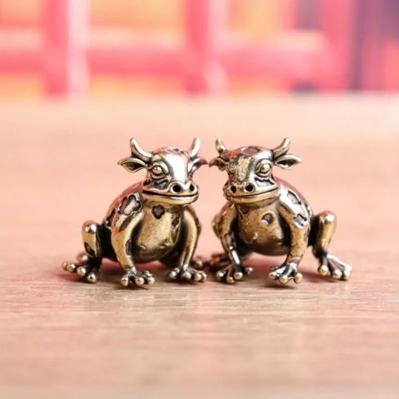 Brass Bull Head Frog Small Statue Vintage Animal Figurine Desktop Ornament Lucky Home Decor Crafts Accessories